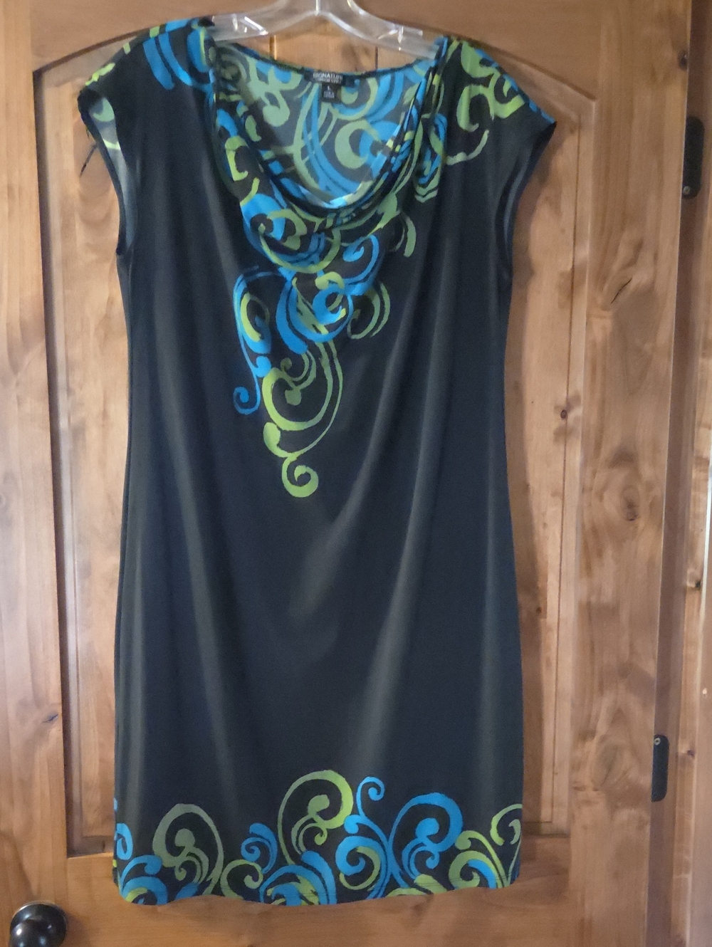 Signature Black Mini Dress with Blue and Green Swirl Accents